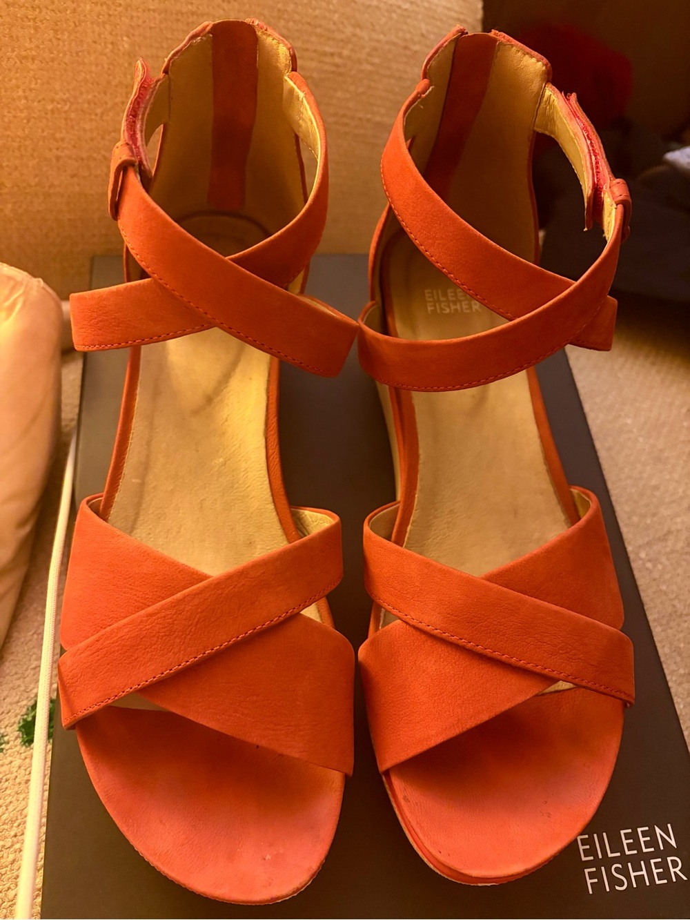 * Eileen Fisher Sally Tomato Nubuck Leather Ankle Sandals SZ 10 *